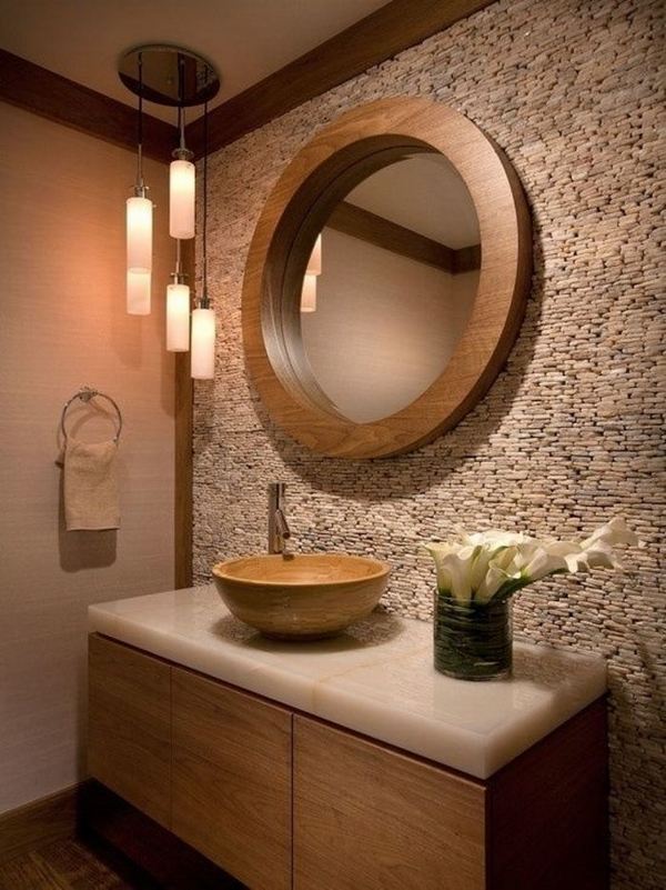 modern-powder-room-ideas-neutral-colors-vanity-cabinet-round-mirror-stone-wall