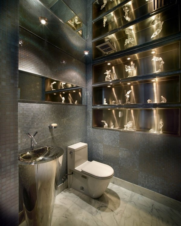 modern half bathroom ideas stainless steel sink mosaic tile walls 