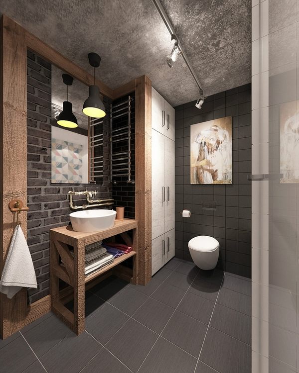 open industrial style bathroom design brick wall concrete ceiling