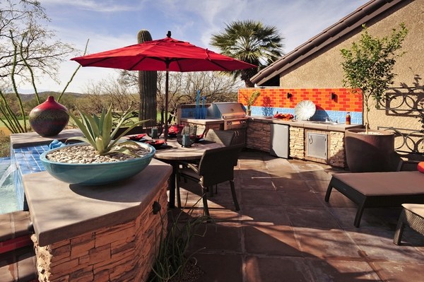 patio design ideas tile floor outdoor kitchen 