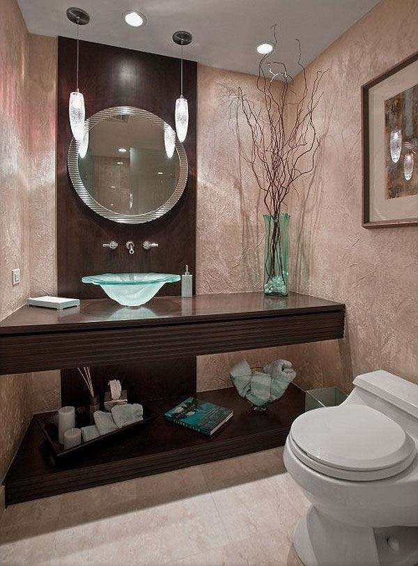 guest bathroom decor ideas glass vessel sink round mirror wood countertop