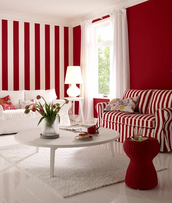 red white ideas wall stripes white carpet round coffee table