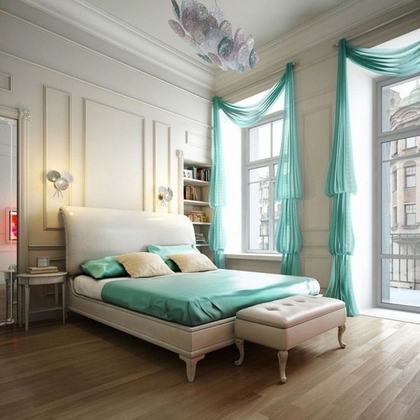 romantic bedroom design turquoise bedding and curtains 