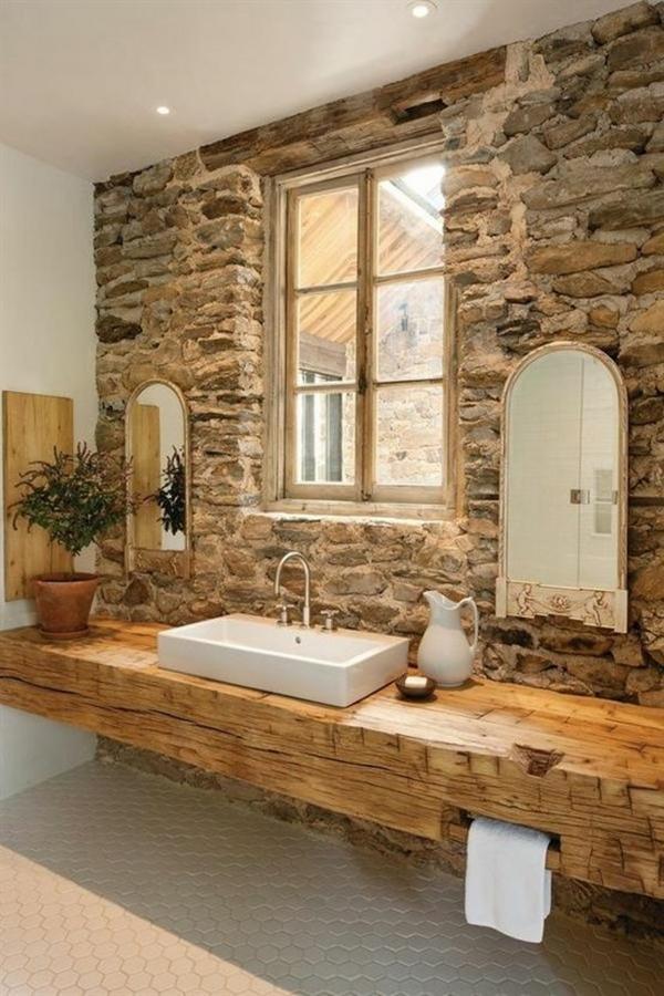 rustic bathroom ideas stone wall solid wood vanity white sink