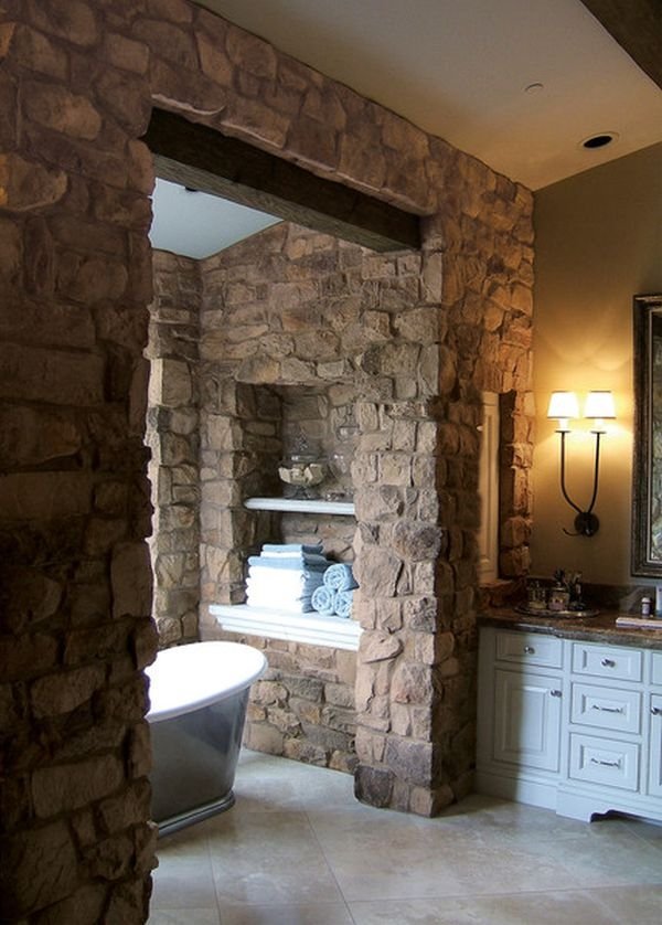 rustic stone bathroom walls shelves white vanity cabinet