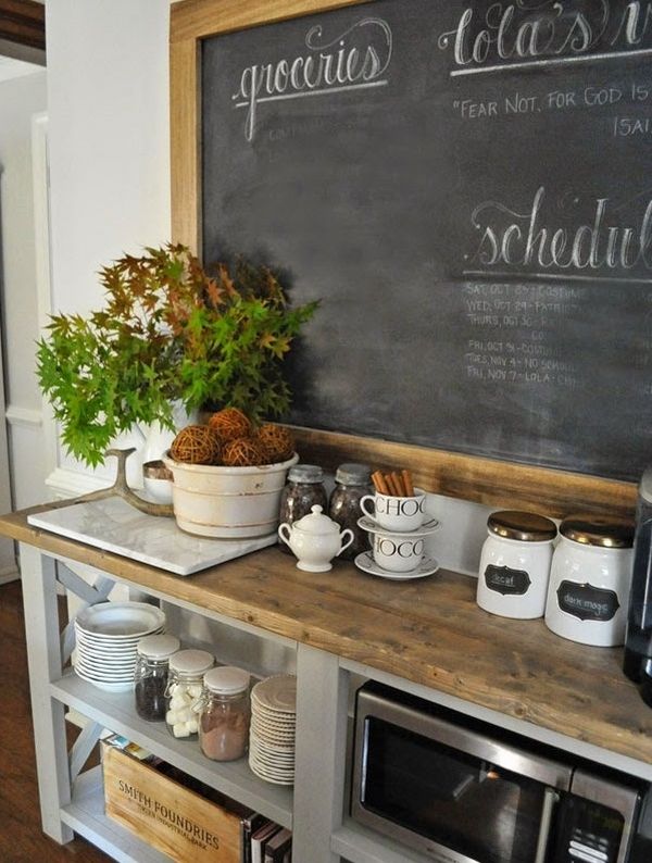 rustic style kitchen coffee bar chalkboard open cupboard