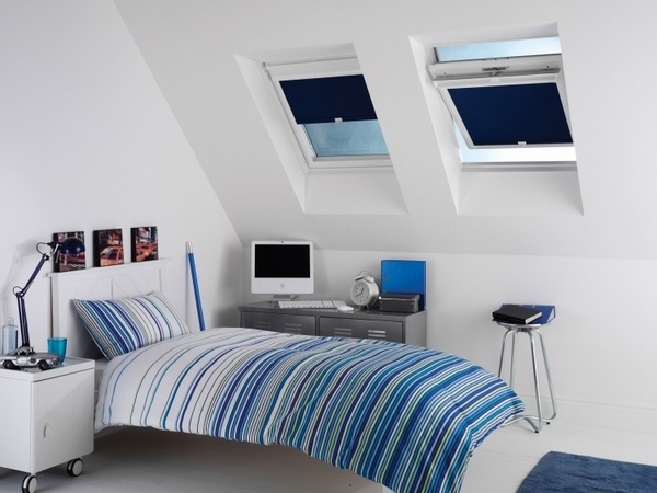 skylight blinds teen bedroom blue white colors 