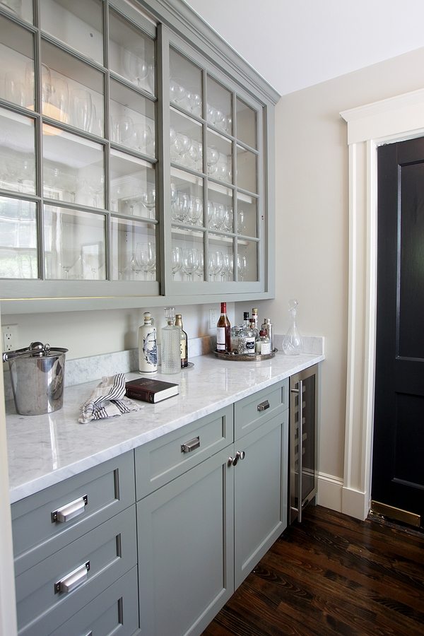 small pantry ideas gray cabinets glass fronts white countertop