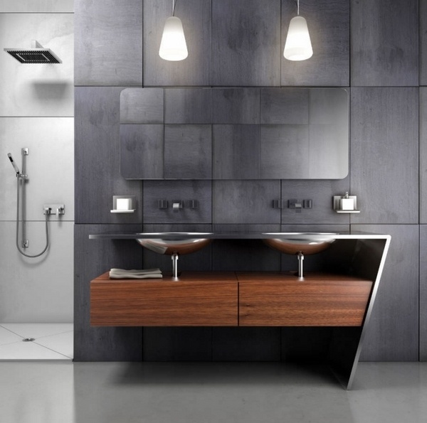 stainless steel double sink wooden cabinet modern bathroom furniture design