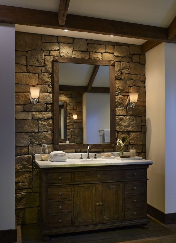  bathroom decor ideas accent wall wooden vanity wall sconces