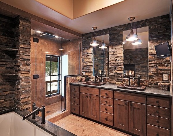 stone bathroom ideas stone walls exclusive bathroom design wood vanity cabinet 