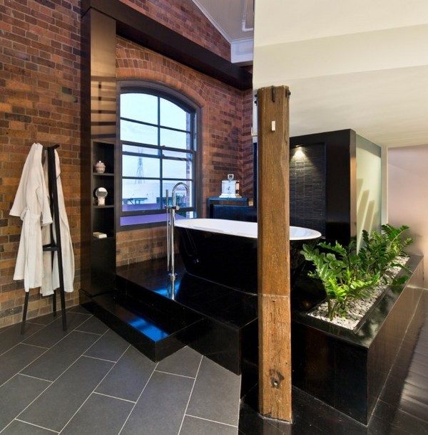 stunning-industrial-bathroom-designs-brick-wall-wood-pillar-freestanding-tub