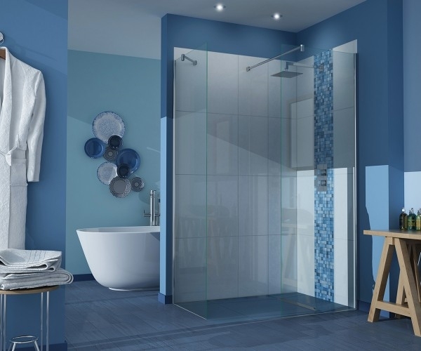 stylish-bathroom-ideas blue color scheme-Curbless-shower-glass-partition
