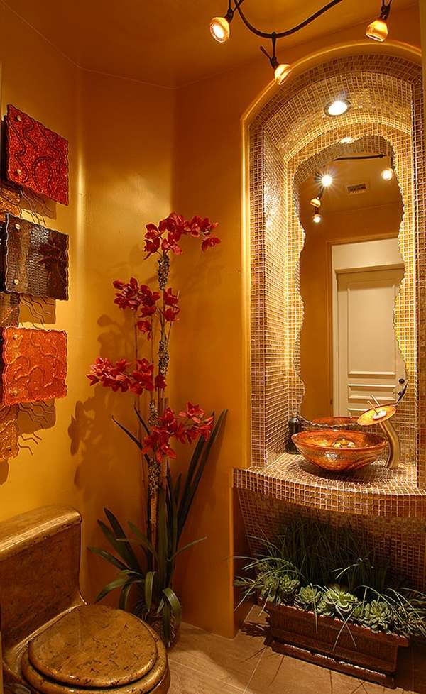stylish powder room ideas vessel sink mosaic tile decor flowers