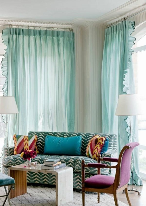 turquoise curtains living room design ideas chevron pattern sofa