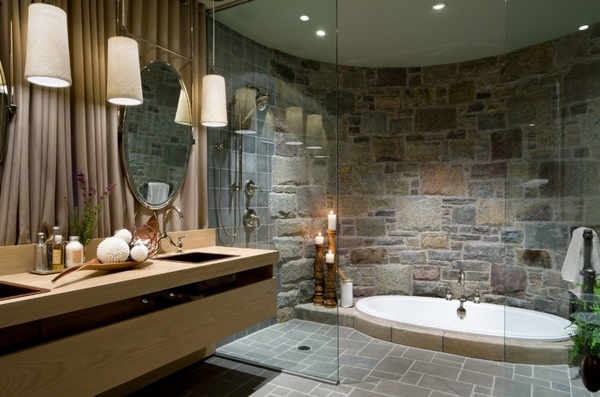 unique stone bathroom ideas stone wall modern floating vanity glass partition walls