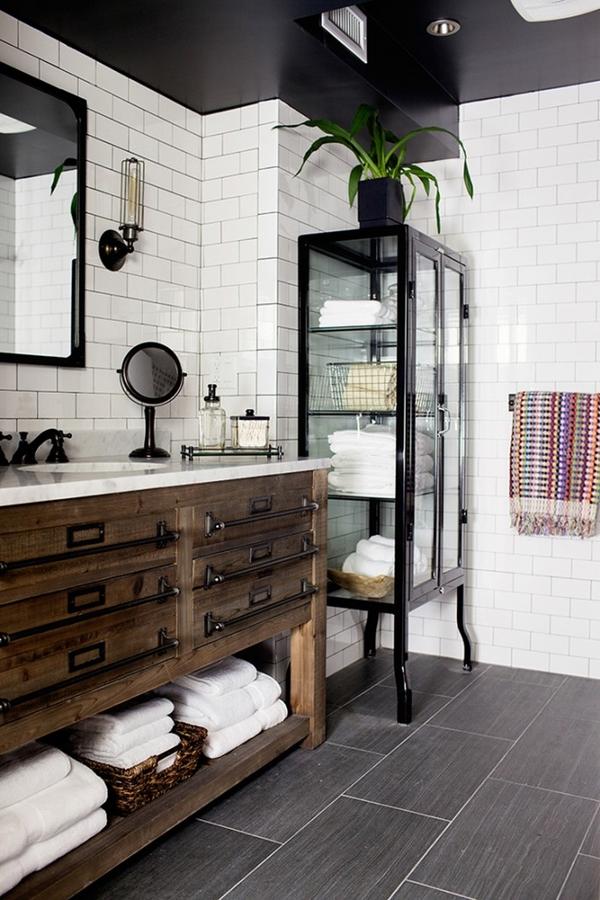 vintage industrial bathroom decor ideas wooden vanity unit glass cabinet