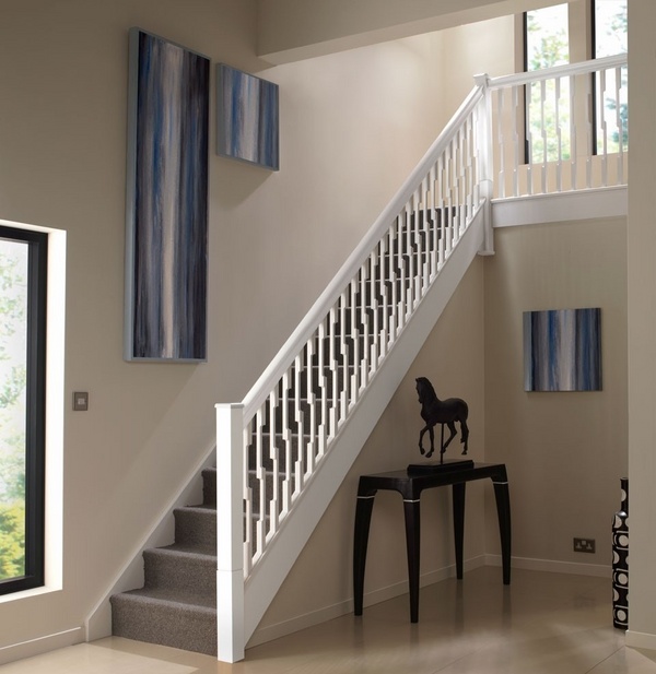white interior stairs house entry decor dark wood table