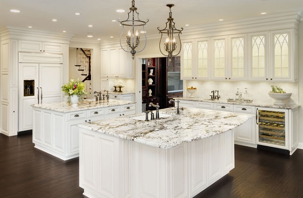 white kitchen cabinets wood floor-delicatus-granite-countertops 