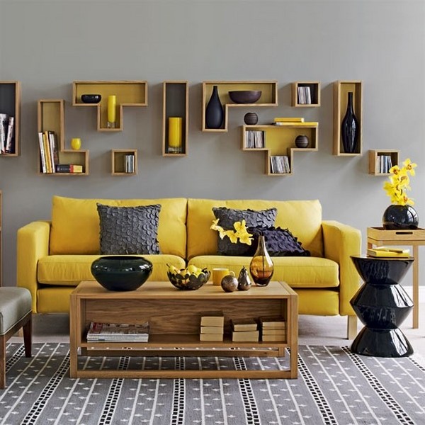 yellow and living room interior design gray wall yellow sofa wooden coffee table