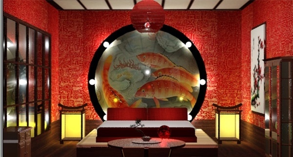 Japanese bedroom design red walls 