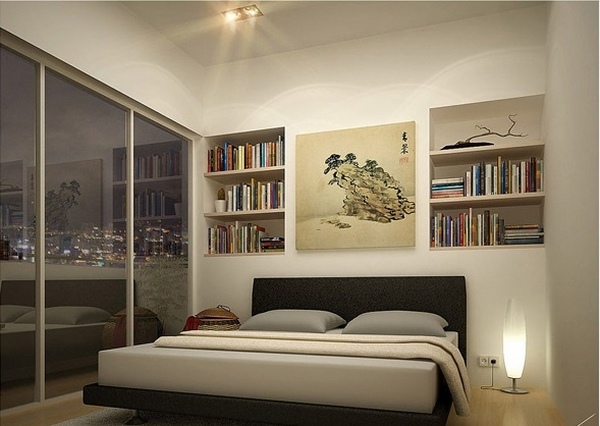 bed design ideas Japanese bedroom low bed bookshelves