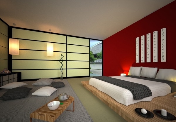 Japanese-style-bed-design-ideas-Japanese-style-bedroom-red-accent-wall-floor-cushions