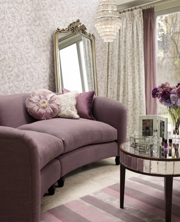 bedroom design wallpaper ideas purple sofa mirrored table