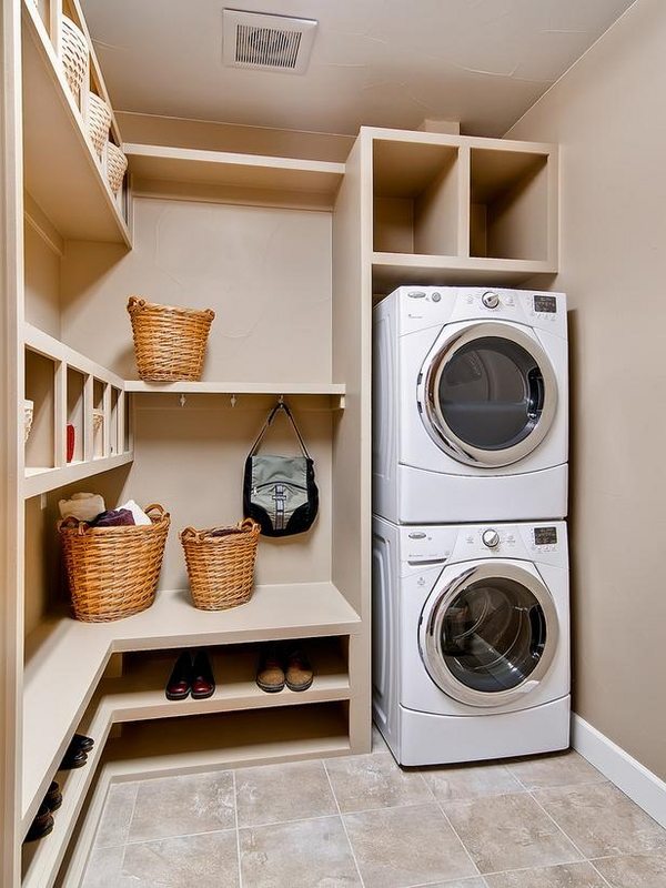 Stacked washer dryer tile flooring open shelf design