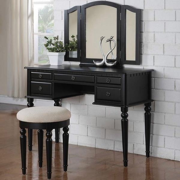 antique-style-vanity-table-with-tri-fold-mirror-round-stool