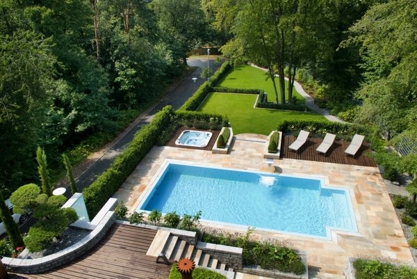 backyard landscaping ideas garden pool sun loungers patio deck 