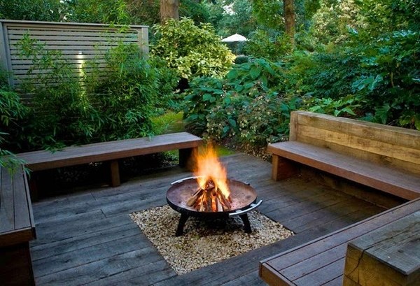 backyard landscaping ideas privacy fence wooden benches firepit