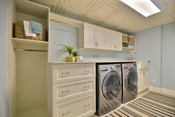 basement laundry room blue wall color white cabinets shelves