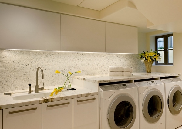 Basement-laundry-room-ideas-under cabinet lighting cabinets tile backsplash