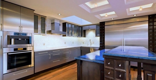 blue-marble-countertops-modern-kitchen-stainless-steel-kitchen-cabinets-wood-floor