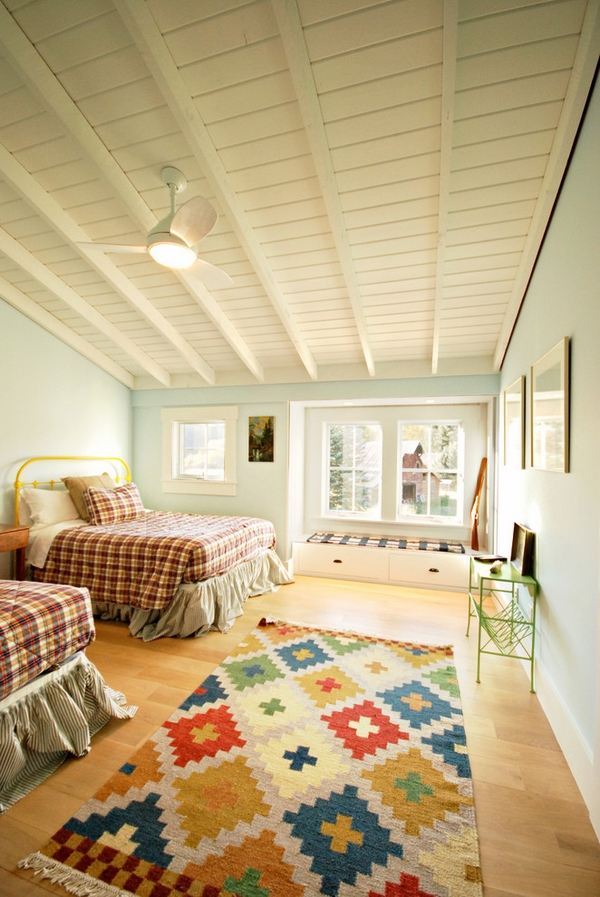 bright farmhouse bedroom decorating ideas blue wall color wood floor