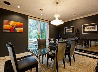 contemporary-dining-room-black-wall-color-beige-carpet-mirrored-sideboard