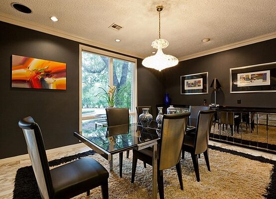 contemporary-dining-room-black-wall-color-beige-carpet-mirrored-sideboard
