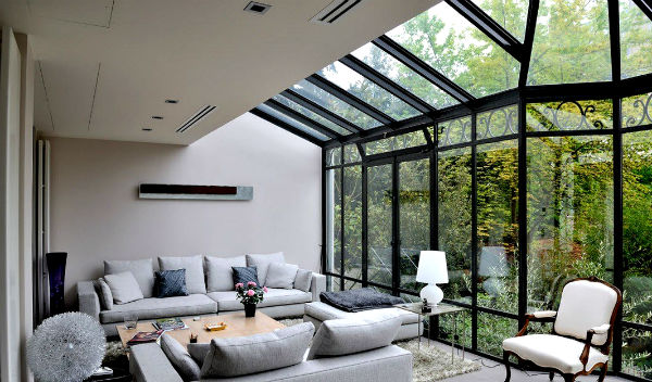 contemporary sunroom design ideas gray sofa set wooden coffee table