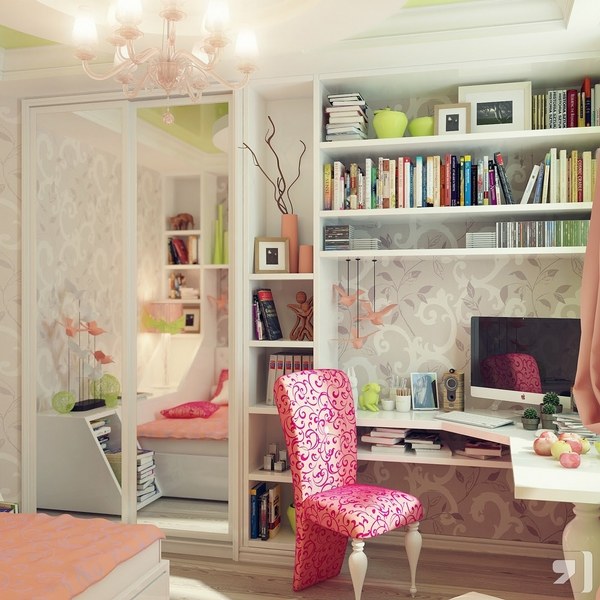 for teenage girl white corner desk pink chair wall shelves teen bedroom 