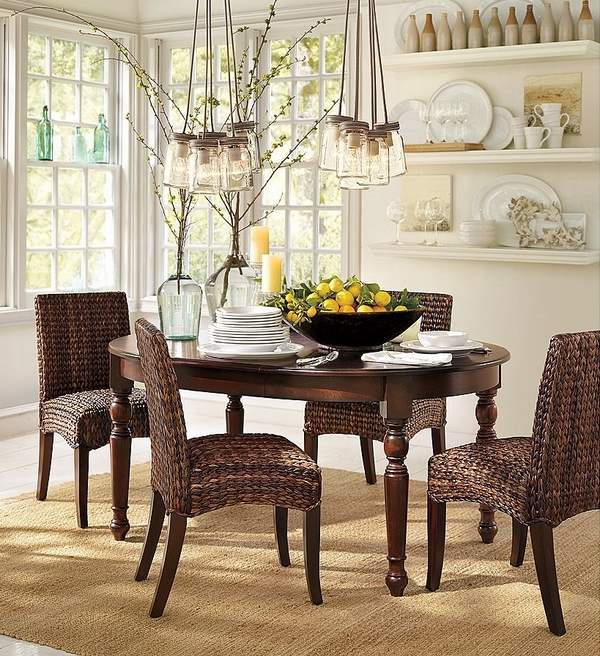 dining room furniture solid wood table seagrass chairs mason jar chandeliers