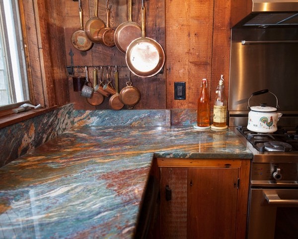 farmhouse blue marble countertops wood cabinets 