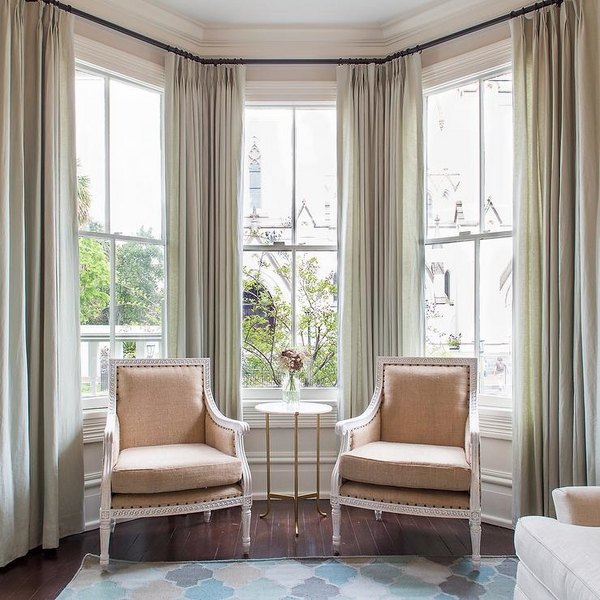 Gray Green Curtains Bay Window Decorating Ideas Beige Armchairs Round Table Marble Top 