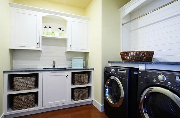 laundry-room-cabinets-ideas-stylish-shelves-wicker-baskets-sink-wood-flooring