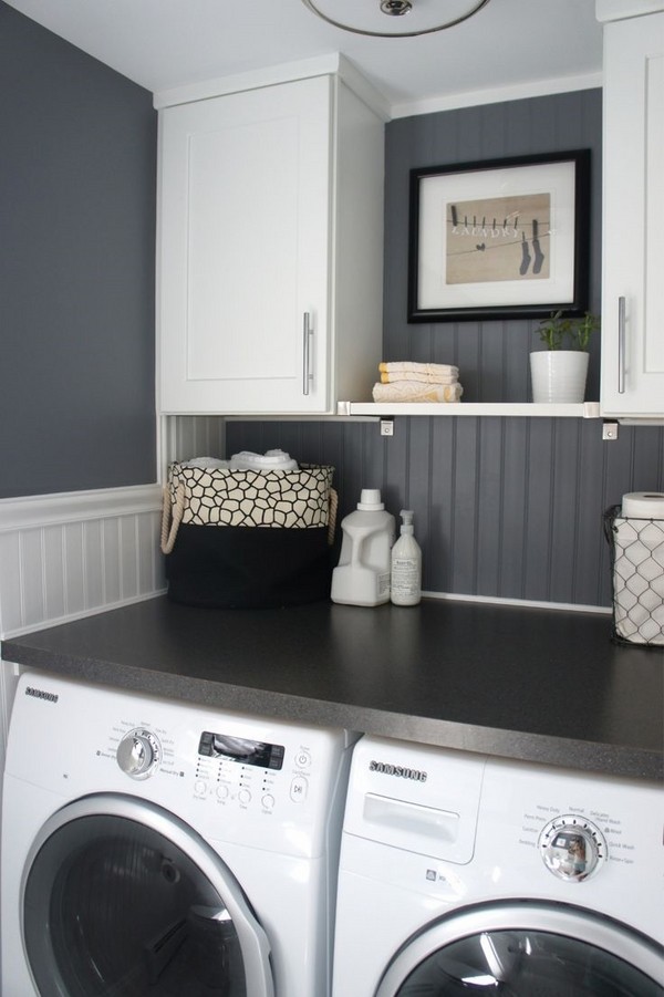 modern small laundry room design ideas white cabinets gray wall 
