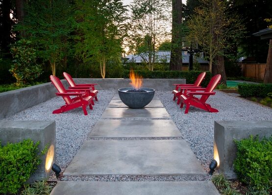 red-adirondack-chairs-firepit-contemporary-patio-design-ideas-pea-gravel