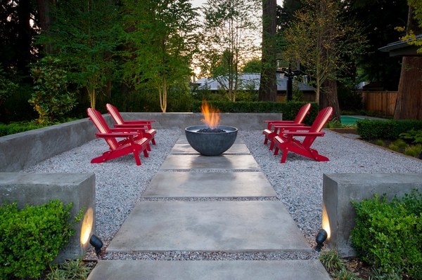 red adirondack chairs firepit patio design ideas pea gravel