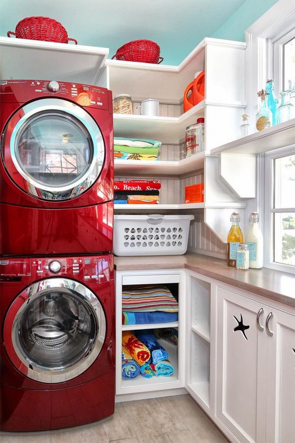 small-laundry-room-design-ideas-white-laundry-room-cabinets-shelves-red-washer-dryer