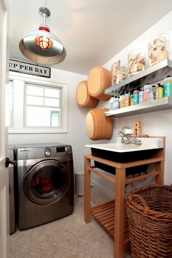 small laundry room ideas console sink floating shelves baskets