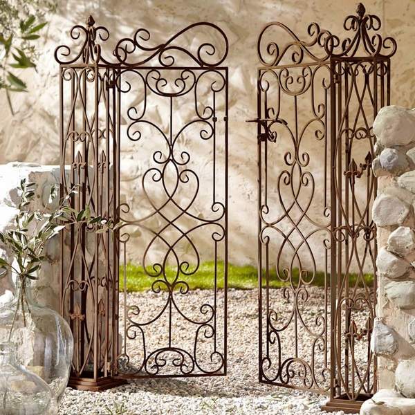unique-metal-garden-gates-two-wings-wrought-iron-garden-gate-stone-pillar